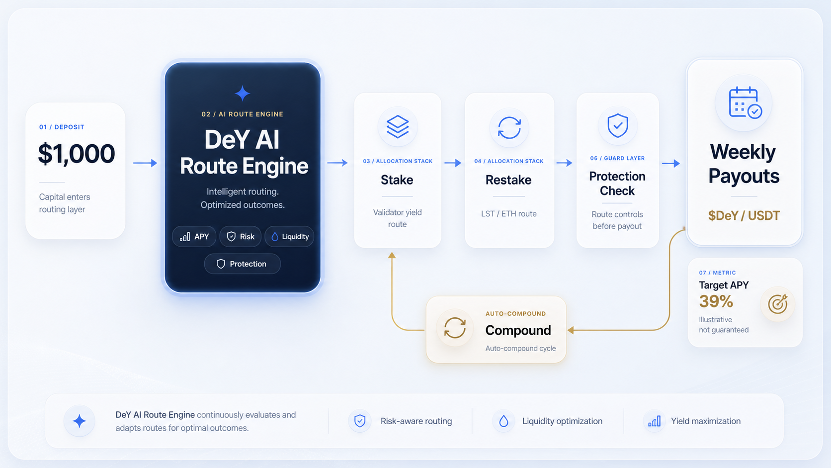 DeY capital flow from deposit through the DeY AI Route Engine, Stake, Restake, Protection Check, Weekly Payouts, and Compound loop.